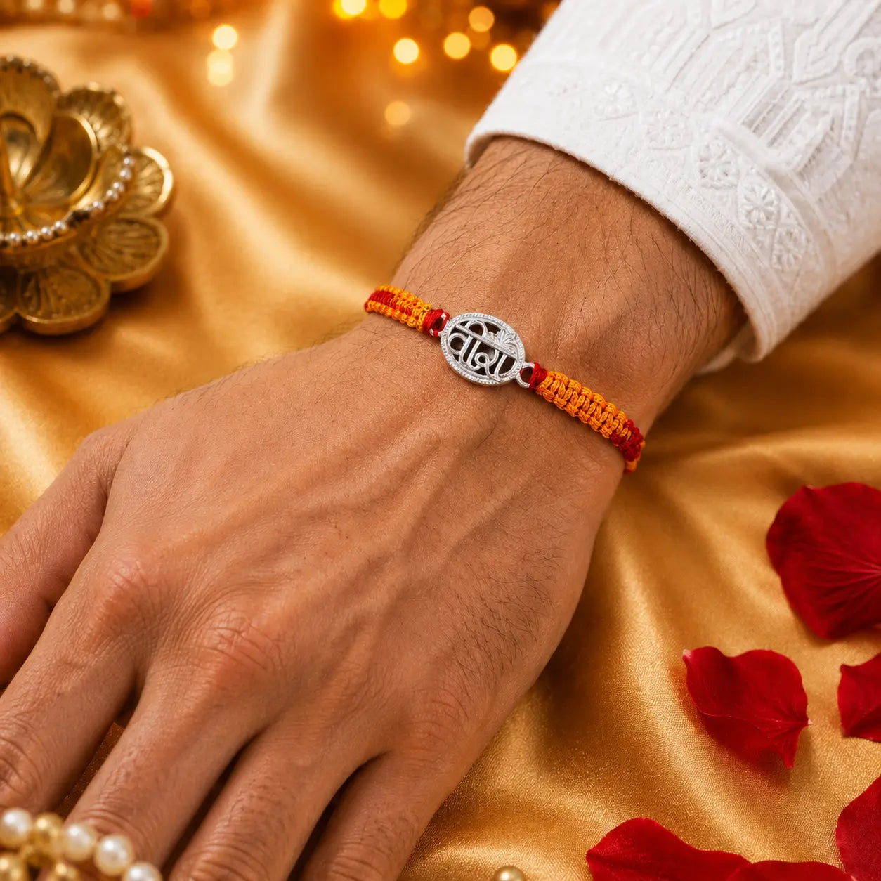 925 Sterling Silver Veera Hindi Rakhi with handcrafted red and yellow sacred thread for Raksha Bandhan