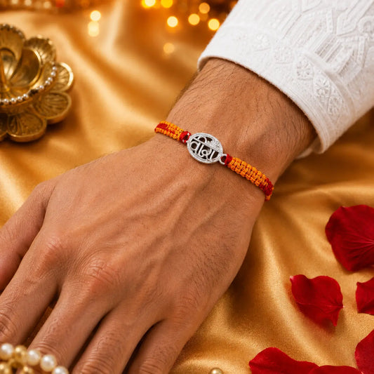 925 Sterling Silver Veera Hindi Rakhi with handcrafted red and yellow sacred thread for Raksha Bandhan