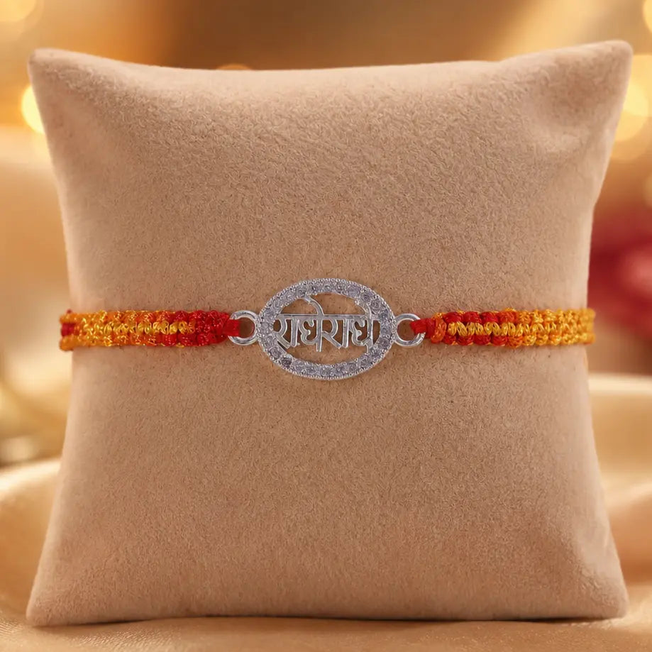 925 Sterling Silver Radhe Radhe Designer Rakhi with CZ Diamond Border and Red Yellow Sacred Thread for Raksha Bandhan