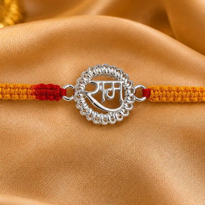 925 Sterling Silver Shri Ram Rakhi with saffron orange braided thread for brother, premium religious Raksha Bandhan Rakhi