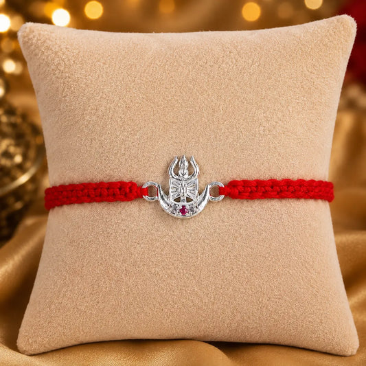 925 Sterling Silver Shivling Trishul Rakhi with red braided thread for Raksha Bandhan, premium Mahadev Rakhi for brother