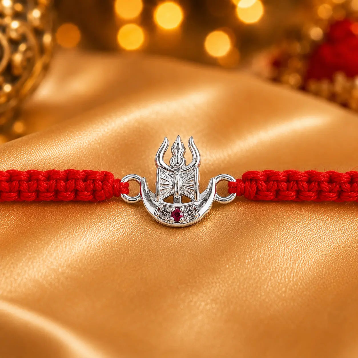 925 Sterling Silver Shivling Trishul Rakhi with red braided thread for Raksha Bandhan, premium Mahadev Rakhi for brother