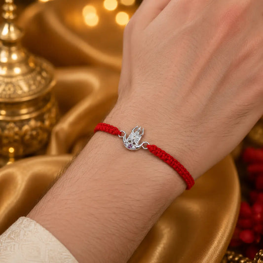 925 Sterling Silver Shivling Trishul Rakhi with red braided thread for Raksha Bandhan, premium Mahadev Rakhi for brother