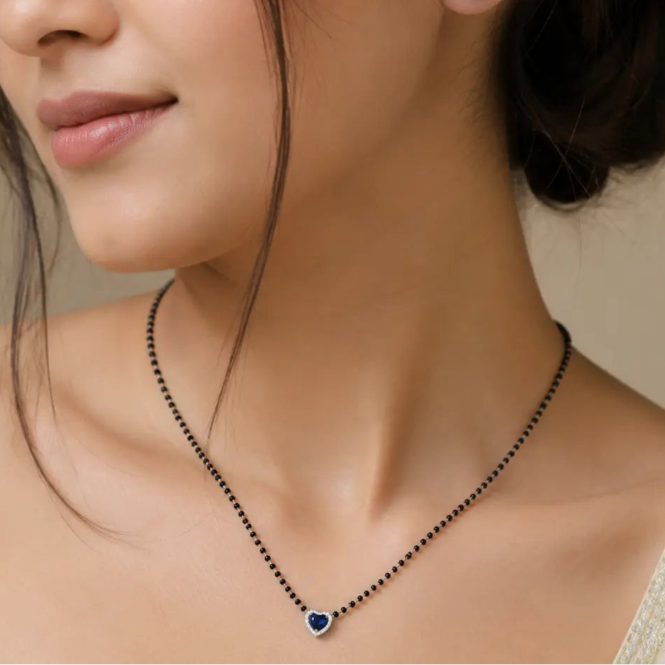 925 Silver Blue Heart Mangalsutra Set with Earrings