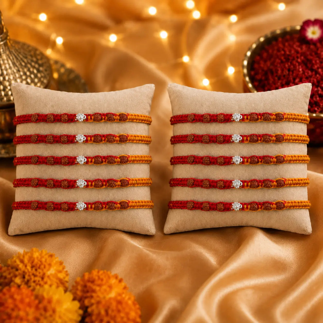 925 Silver Om Rudraksha Rakhi with authentic Rudraksha beads on a beige cushion for Raksha Bandhan gift for brother.