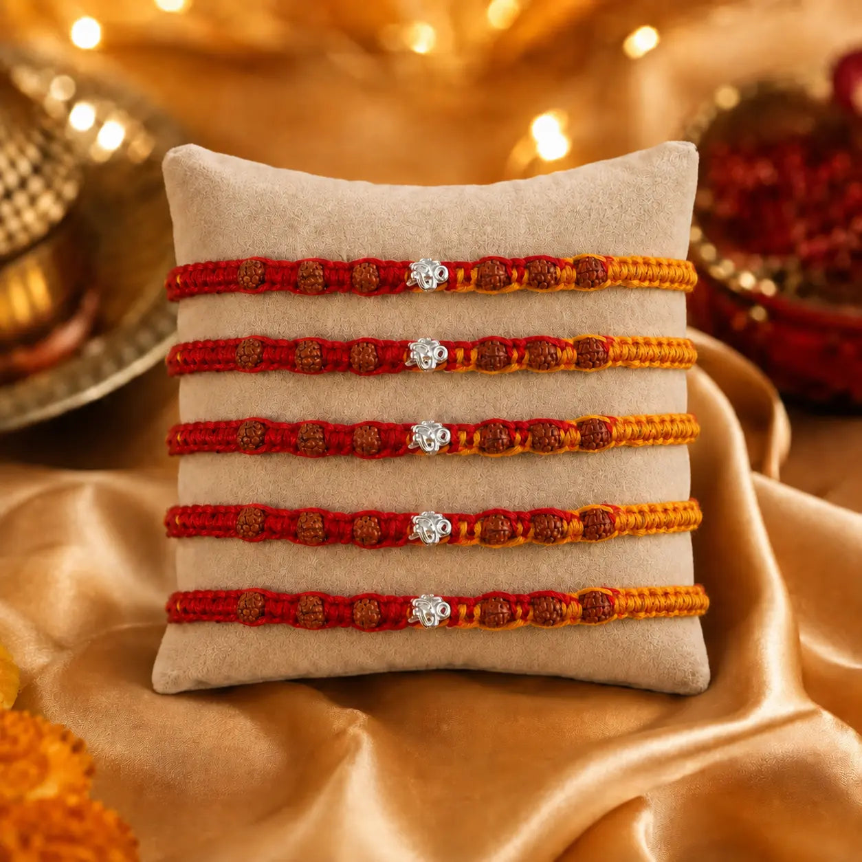 925 Silver Om Rudraksha Rakhi with authentic Rudraksha beads on a beige cushion for Raksha Bandhan gift for brother.