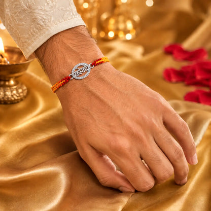 925 Sterling Silver Radhe Radhe Designer Rakhi with CZ Diamond Border and Red Yellow Sacred Thread for Raksha Bandhan