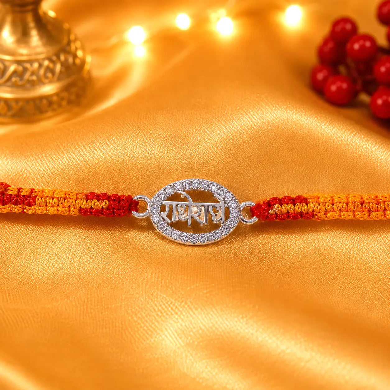925 Sterling Silver Radhe Radhe Designer Rakhi with CZ Diamond Border and Red Yellow Sacred Thread for Raksha Bandhan