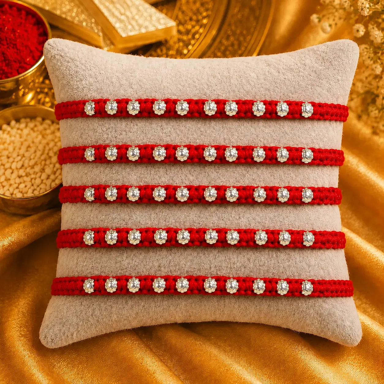 Red Rakhi with silver beads displayed on a beige cushion with golden festive background