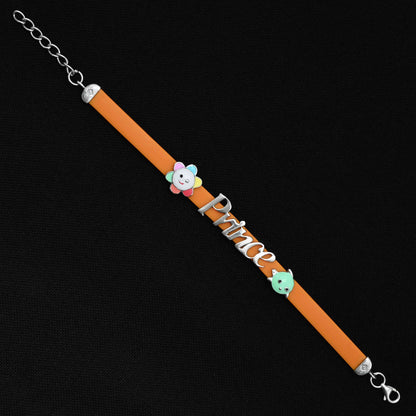 Trendy sterling silver bracelet for girls showcasing a 'Prince' logo on an orange belt