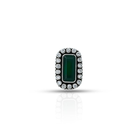 Sterling silver ring with green rectangular stone.