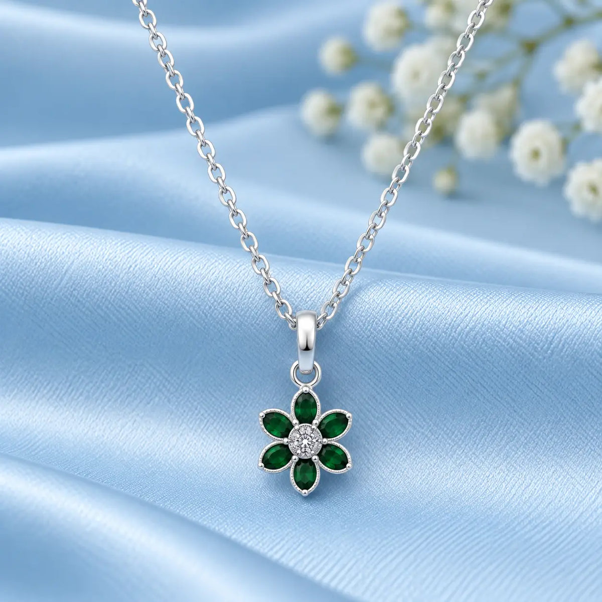 Sterling Silver Green Stone Floral Pendant