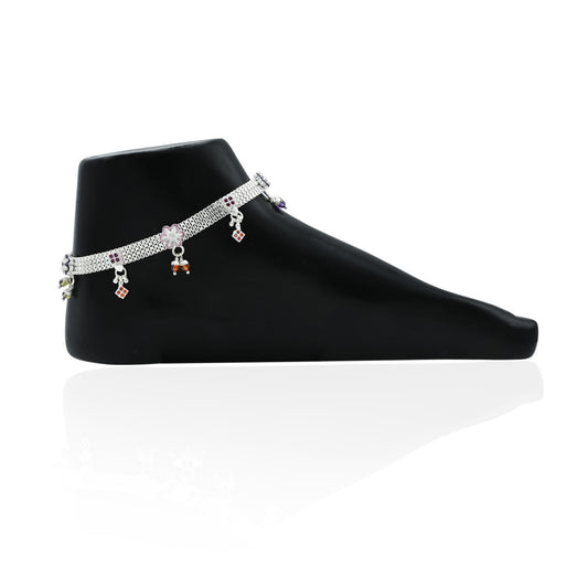 Silver anklet featuring luxurious, colorful beads in intricate designs