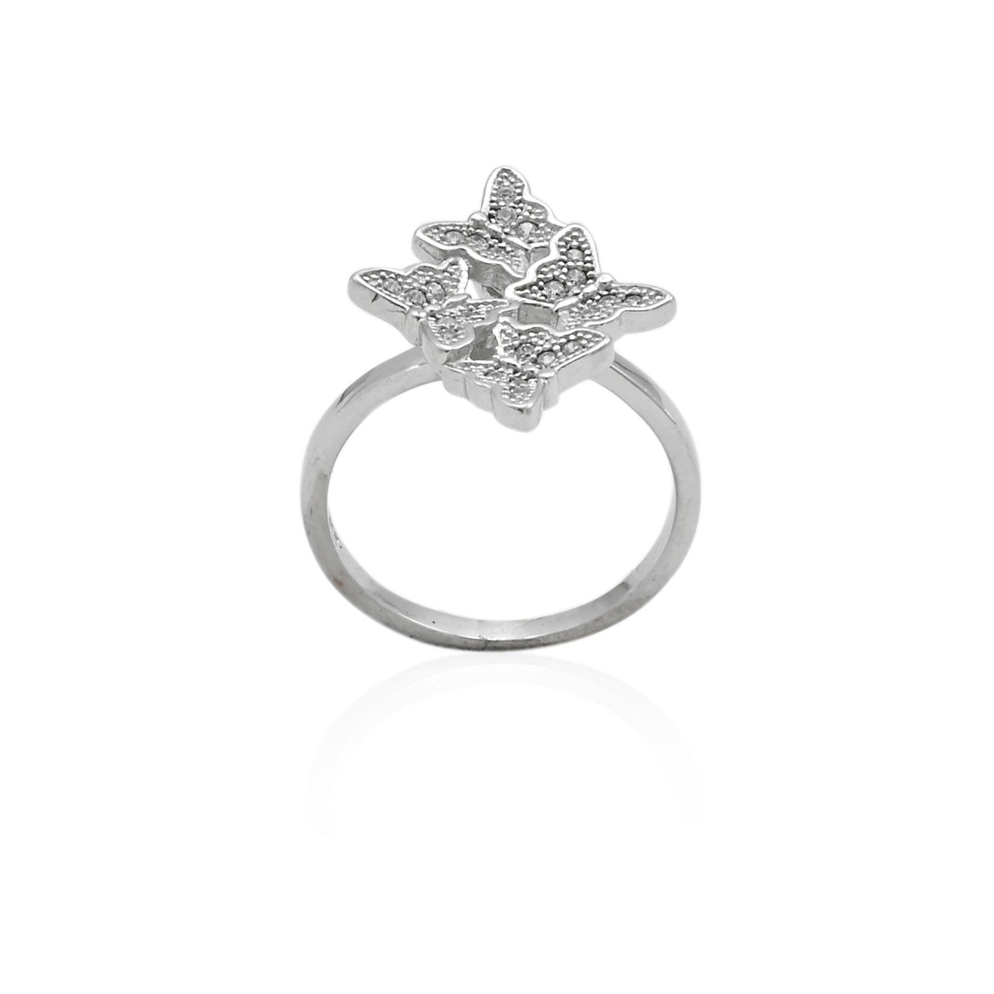 Elegant silver ring adorned with four shimmering butterflies, perfect for a feminine touch.