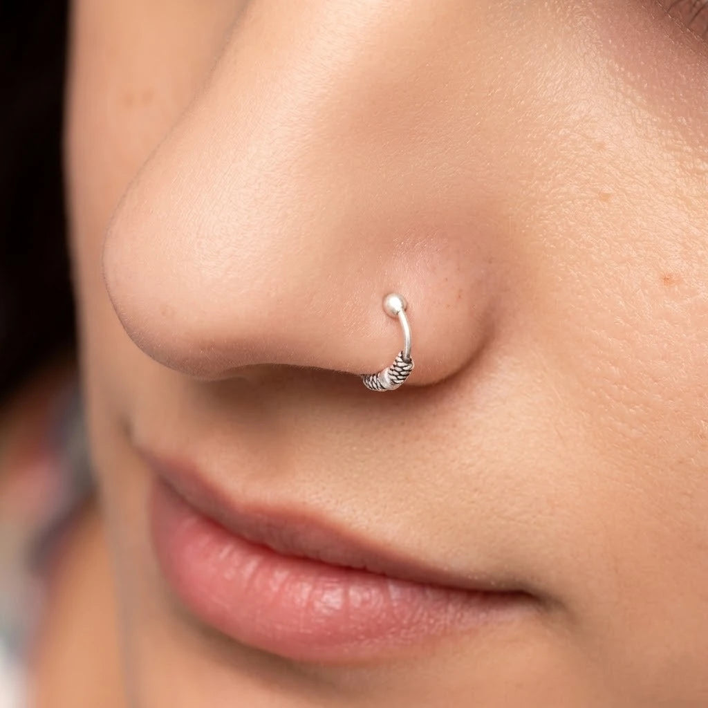 Silver Tribal Nose Ring Traditional Oxidised Nath Design