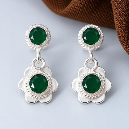 Silver Bloom Green Stone Earrings