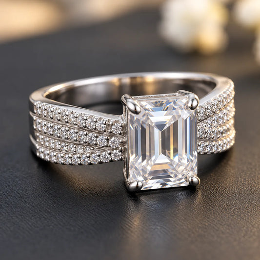 Emerald Cut Diamond Ring with Triple Pavé Band in White Gold
