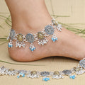 Oxidized silver anklets featuring green and pink beads