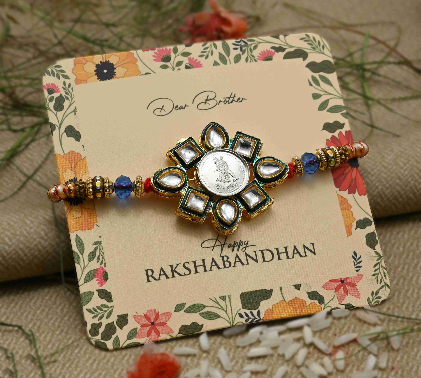 Silver Center Baal Gopal Flower Design with Multi Color Beads Rakhi for Boys