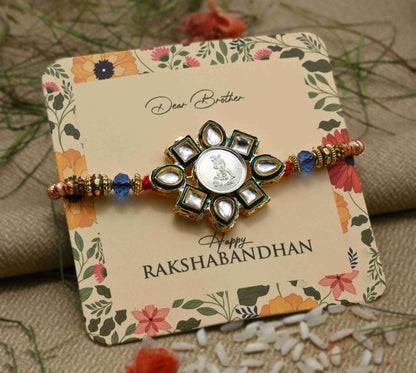Silver Center Baal Gopal Flower Design with Multi Color Beads Rakhi for Boys