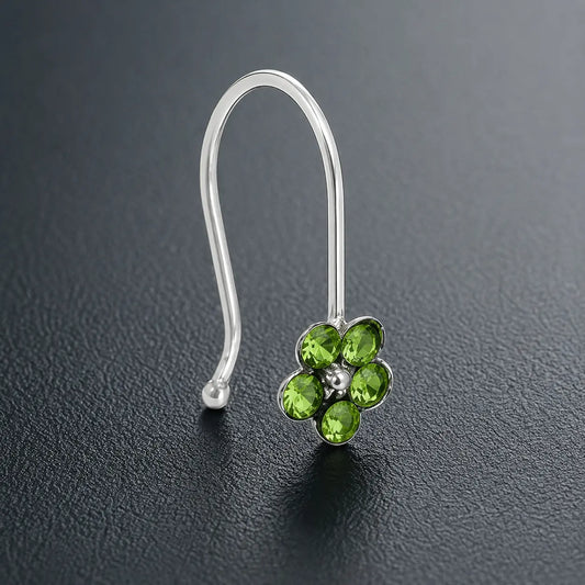 Silver Light Green Gem Stone Flower Design Nosepin for Girls