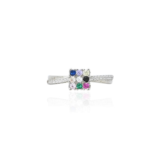 Silver girls' ring featuring an array of colorful gems, adding a vibrant and playful touch to any outfit.