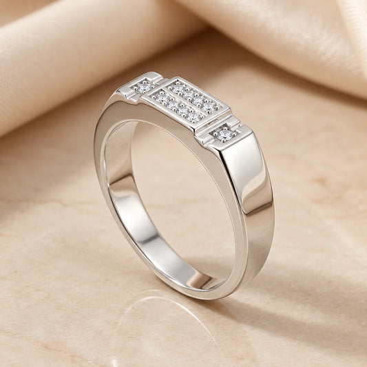 Bold Silver Signet Ring with Diamond Detailing