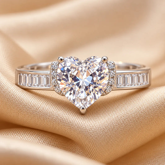Heart-Shaped Crystal Statement Ring with Baguette Accent Band