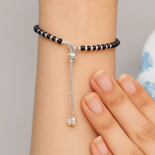 Adjustable Black Beads Silver Chain Bracelet for women
