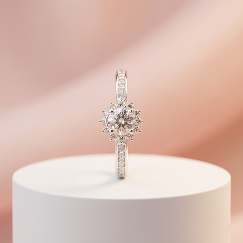 Adjustable Halo Solitaire Diamond Ring in Silver – Elegant Open Band Engagement Ring