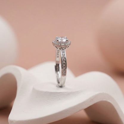 Adjustable Halo Solitaire Diamond Ring in Silver – Elegant Open Band Engagement Ring