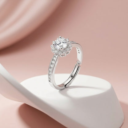 Adjustable Halo Solitaire Diamond Ring in Silver – Elegant Open Band Engagement Ring