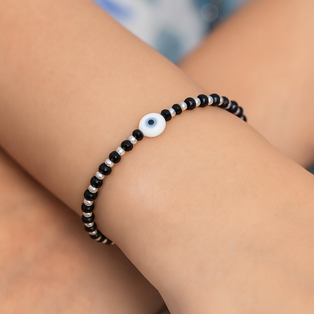 Adjustable Black Beads Silver Chain Bracelet