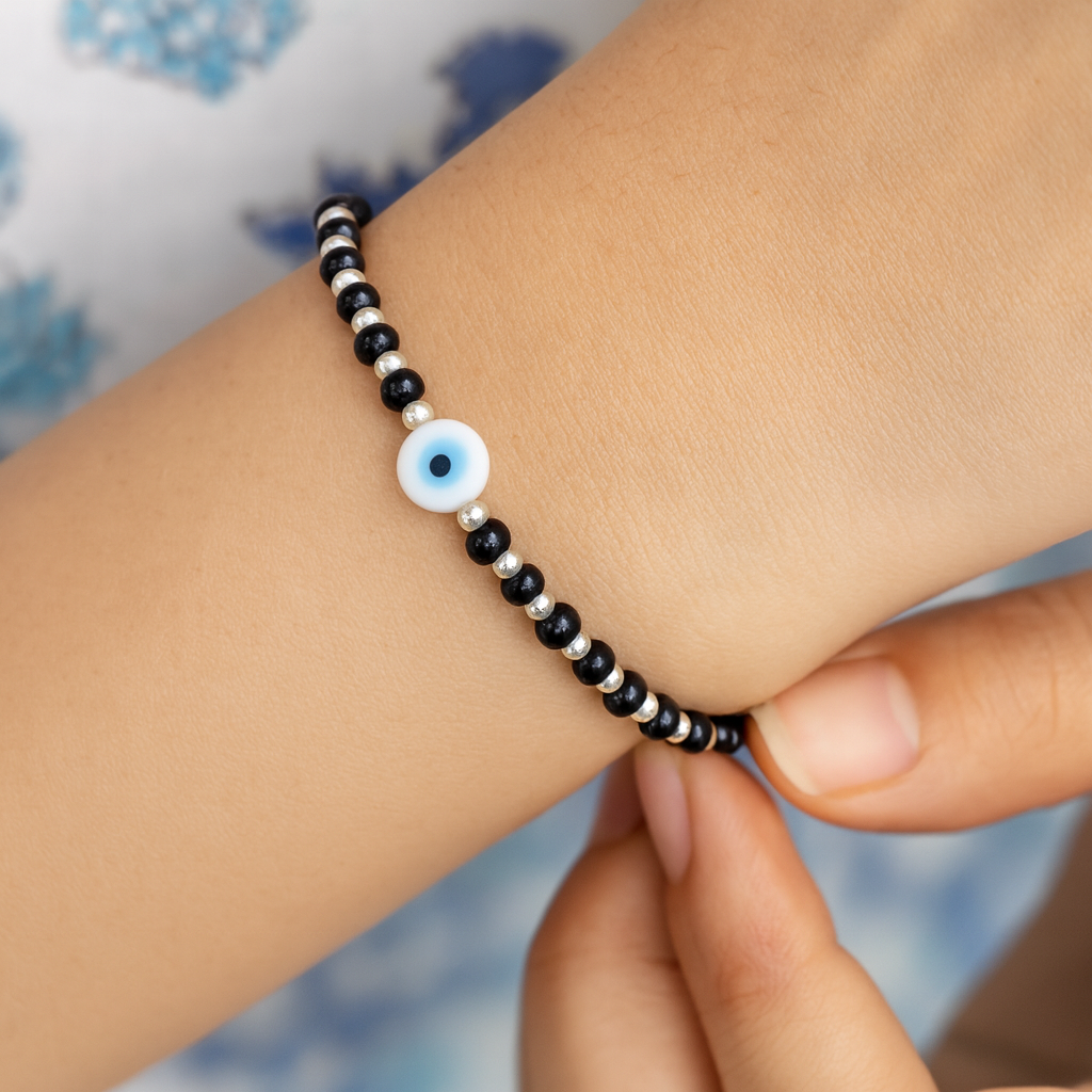 Adjustable Black Beads Silver Chain Bracelet