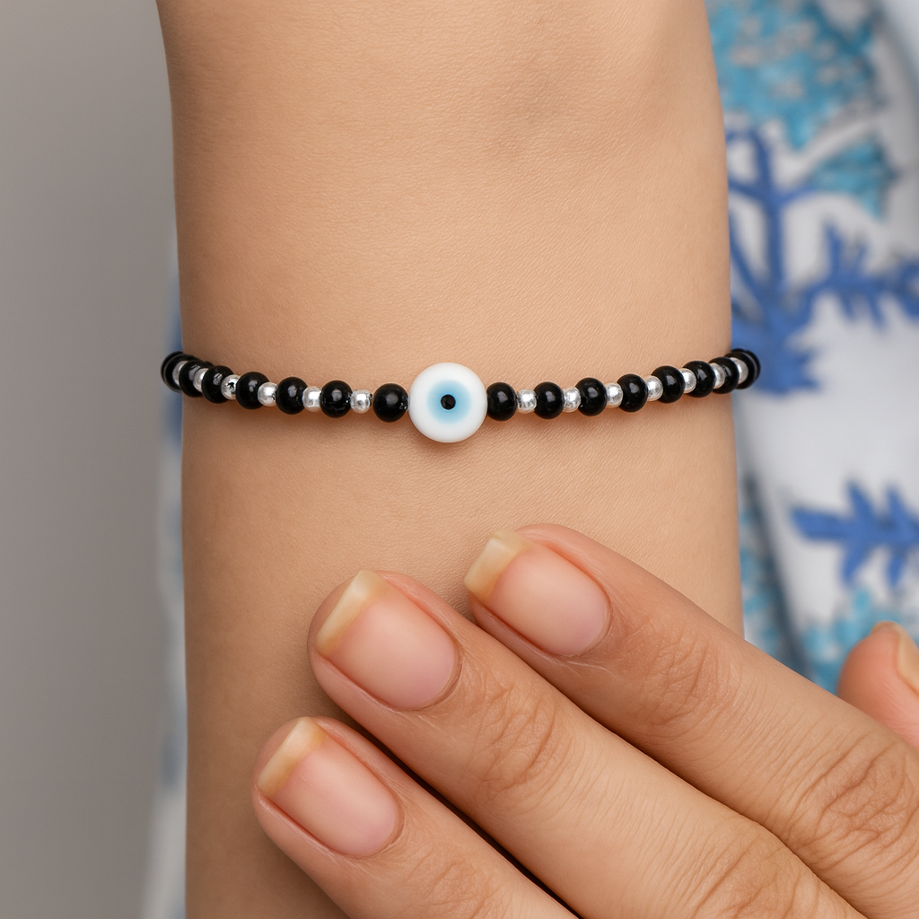 Adjustable Black Beads Silver Chain Bracelet