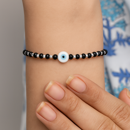 Adjustable Black Beads Silver Chain Bracelet