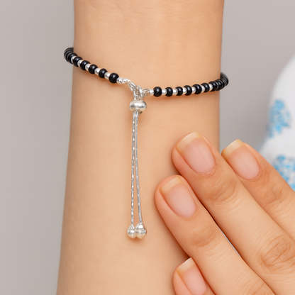 Adjustable Black Beads Silver Chain Bracelet