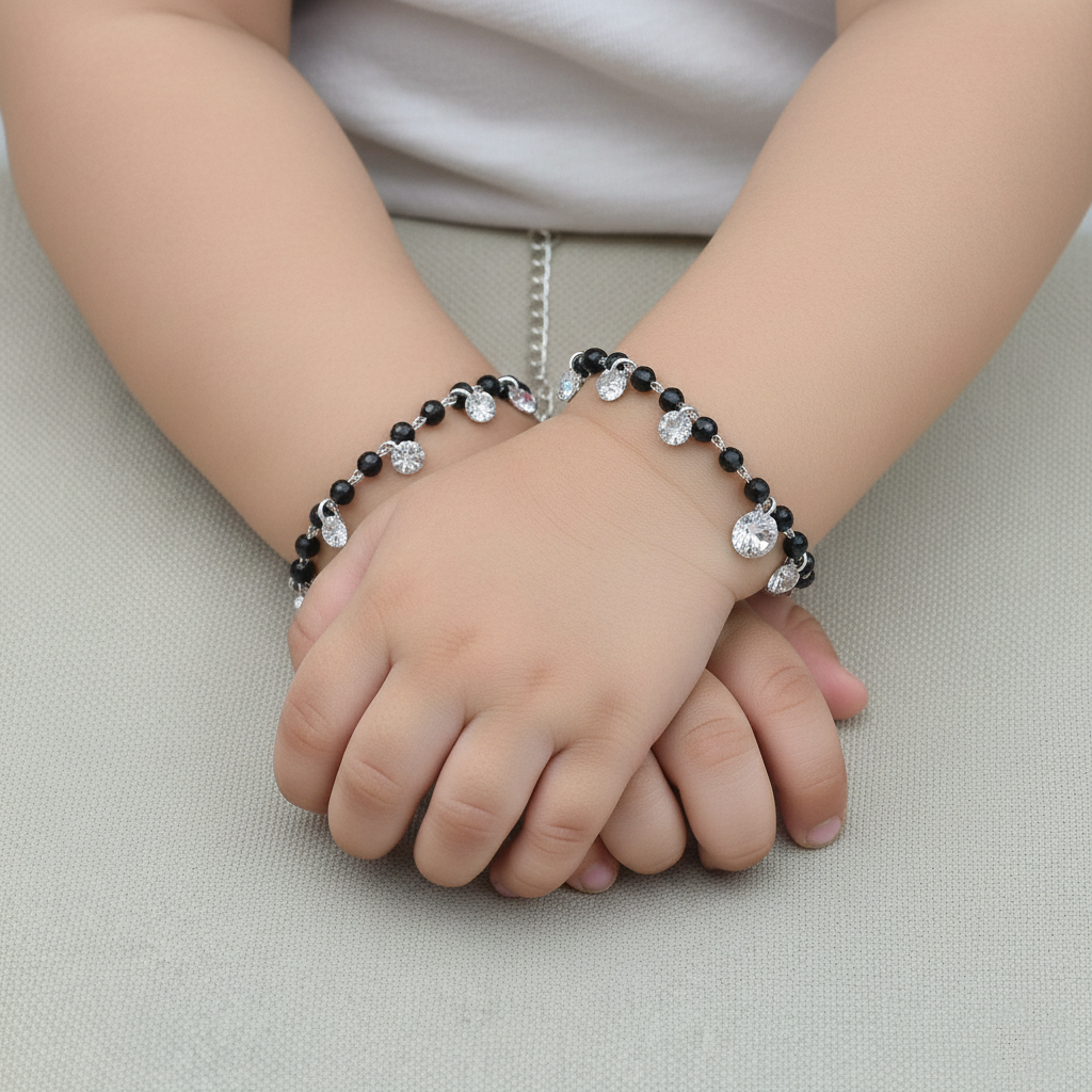 Baby Nazariya Black Beads Silver Bracelet with Drops