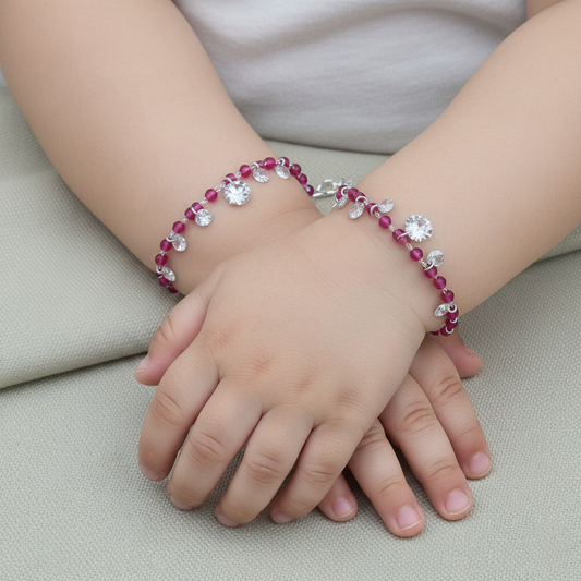 Baby Pink Beads Silver Bracelet with Drops