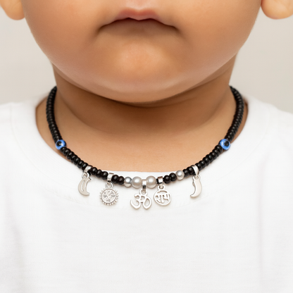 Baby Silver Nazariya Black Beads Mala with Om, Swastik & Moon Charms