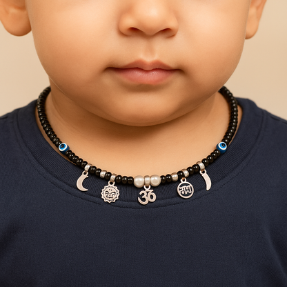 Baby Silver Nazariya Black Beads Mala with Om, Swastik & Moon Charms