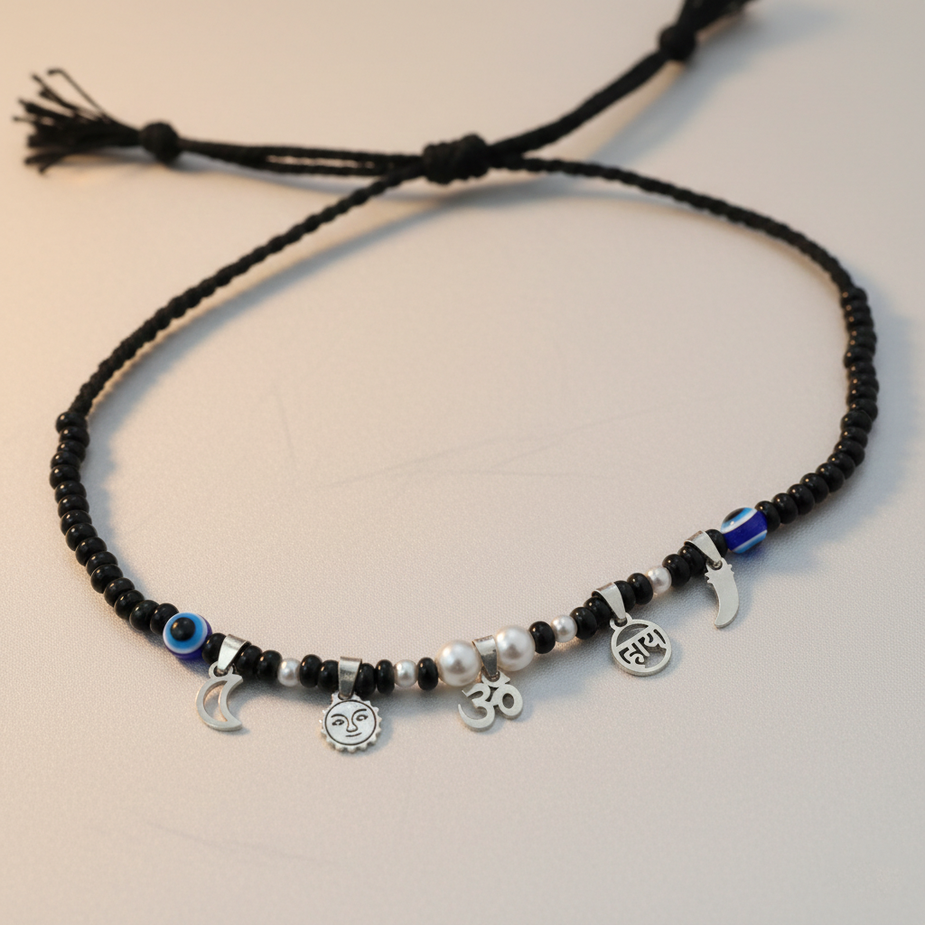 Baby Silver Nazariya Black Beads Mala with Om, Swastik & Moon Charms