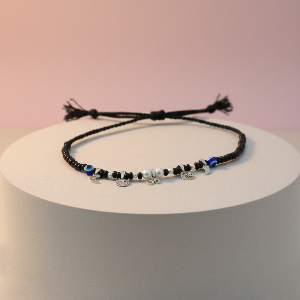 Baby Silver Nazariya Black Beads Mala with Om, Swastik & Moon Charms