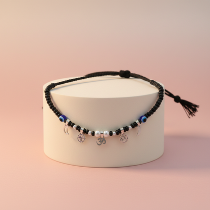 Baby Silver Nazariya Black Beads Mala with Om, Swastik & Moon Charms