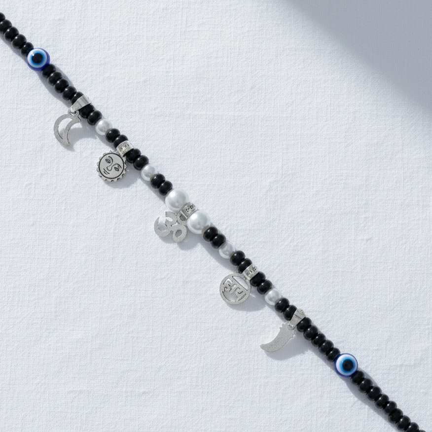 Baby Silver Nazariya Black Beads Mala with Om, Swastik & Moon Charms