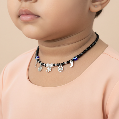 Baby Silver Nazariya Black Beads Mala with Om, Swastik & Moon Charms