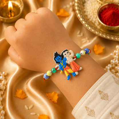 Bal Krishna Balram kids Rakhi with colorful beads on beige cushion