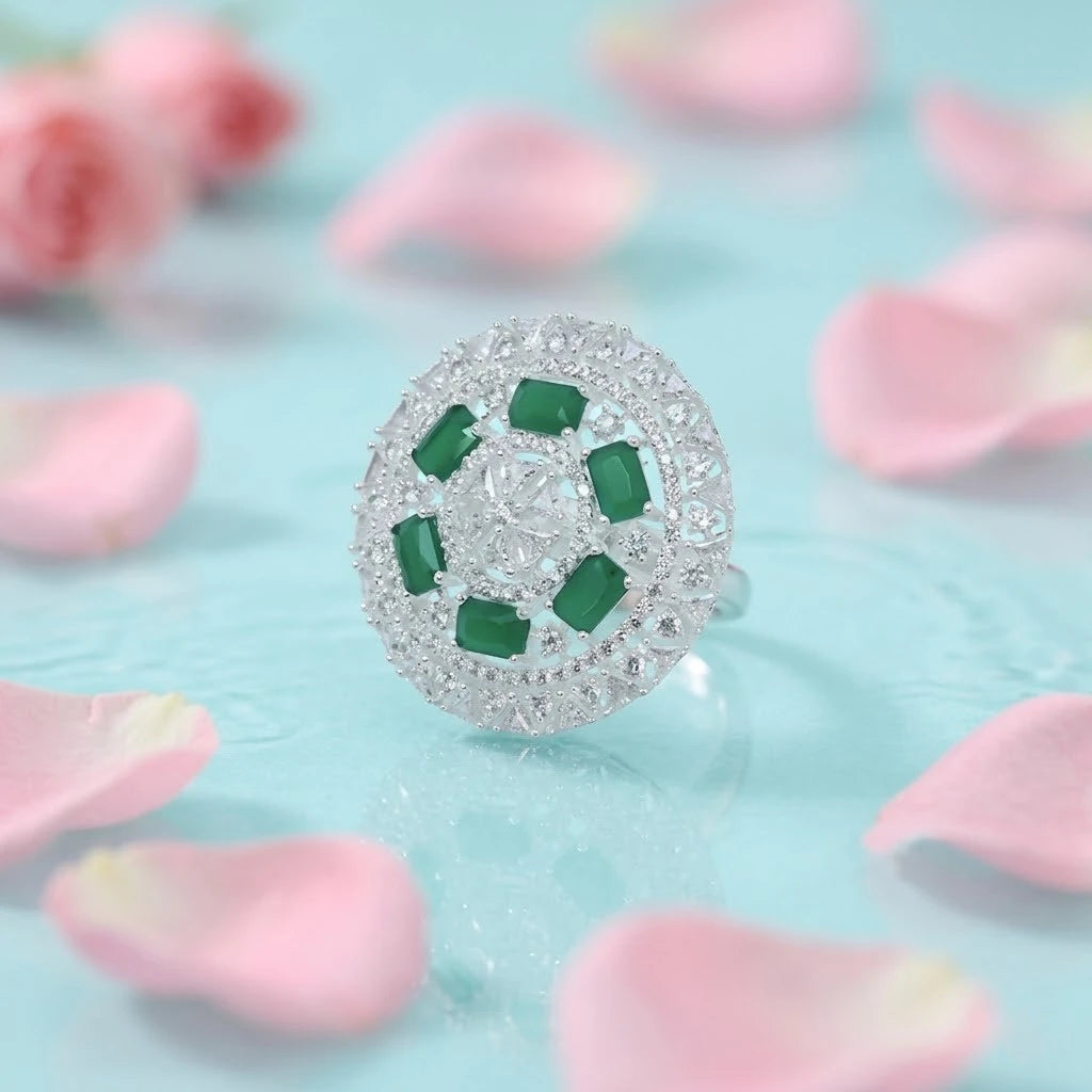 Beautiful Green Stones Designer Silver Ring
