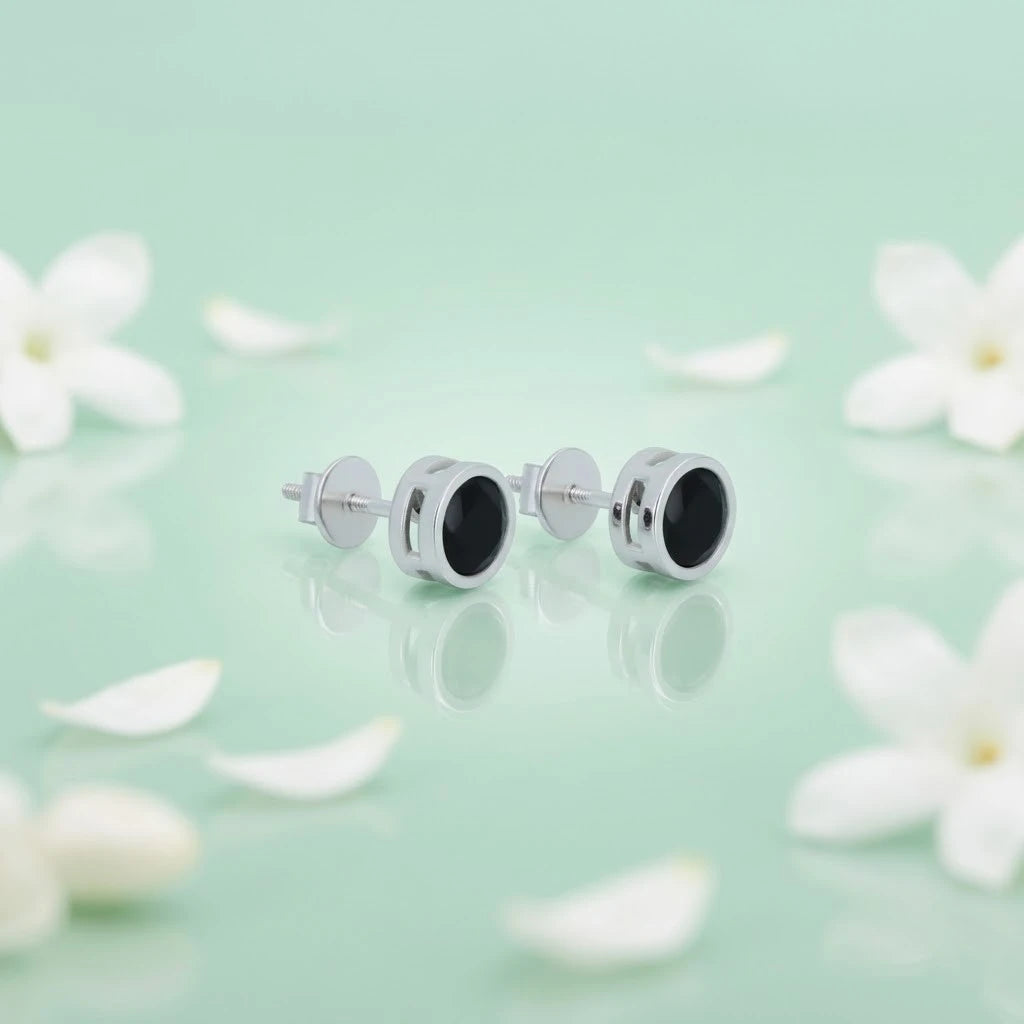 Beautiful Round Black Stone Silver Earrings