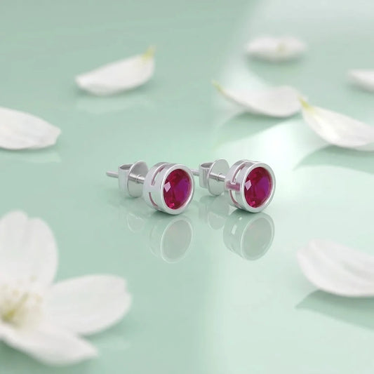 Beautiful Round Pink Stone Silver Earrings